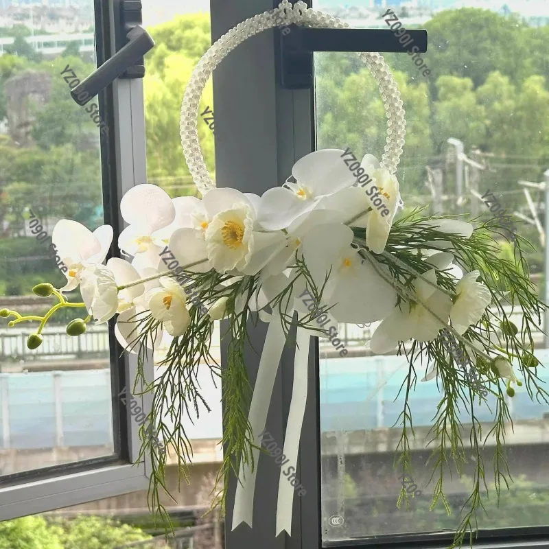 Pearl Decor Wrist Wreath, Simulation Flower Hand Bouquet for Wedding Ceremony