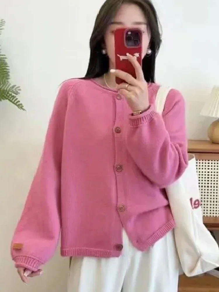 2024 Autumn Warm Single Breasted Knitted Sweater Women Fashion Casual Jacquard Crochet Pink Cardigan Tops Y2k