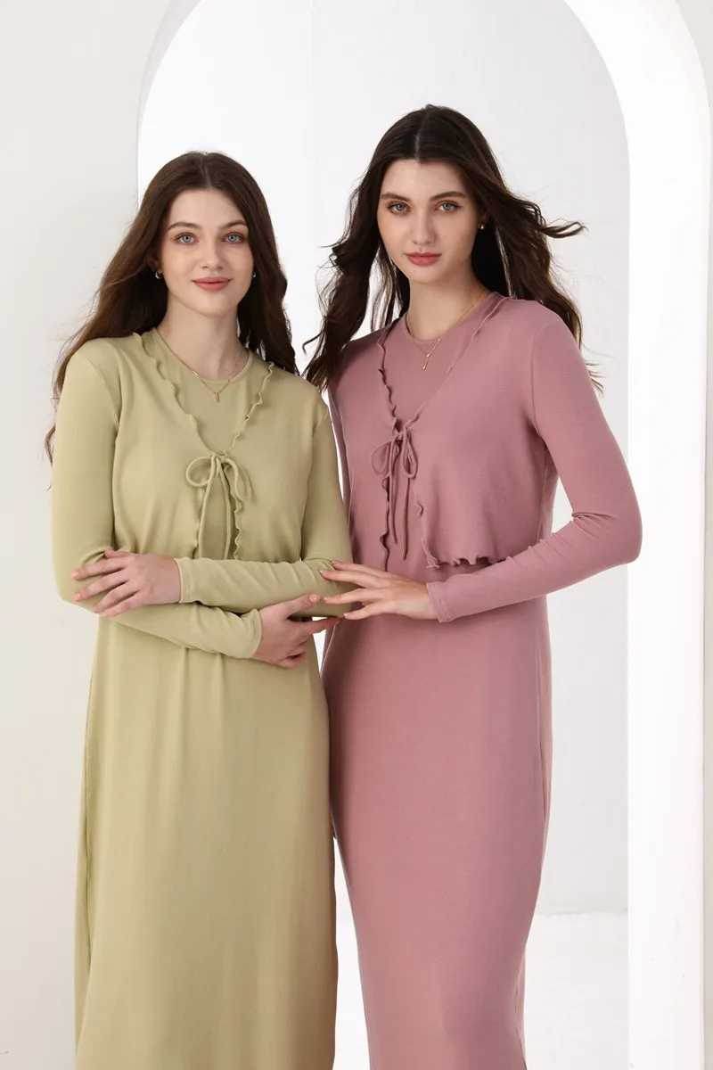 As 2024 verão roupas femininas alface cardigan + vestido plissado maxi conjunto natureza fibra marca tecido com nervuras (enviar em 1 dia)