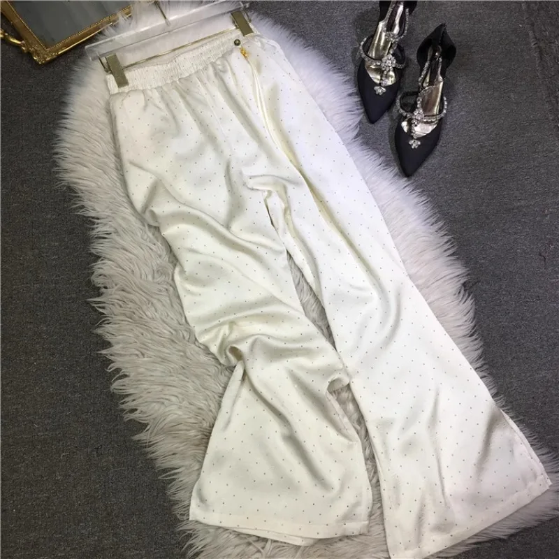 New Heavy Embroidery Diamond Drills Straight-Leg Pants Lightweight Breathable Silky Satin Sweatpants Elastic Waist Cool Trousers