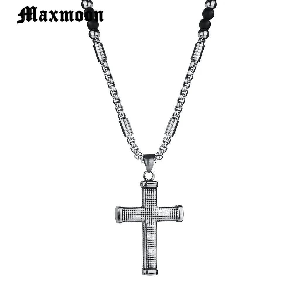 Maxmoon 3.5mm Black stone Beads with Stainless Steel  cross Pendant Mens Rosary Necklace Mens Mala jewelry