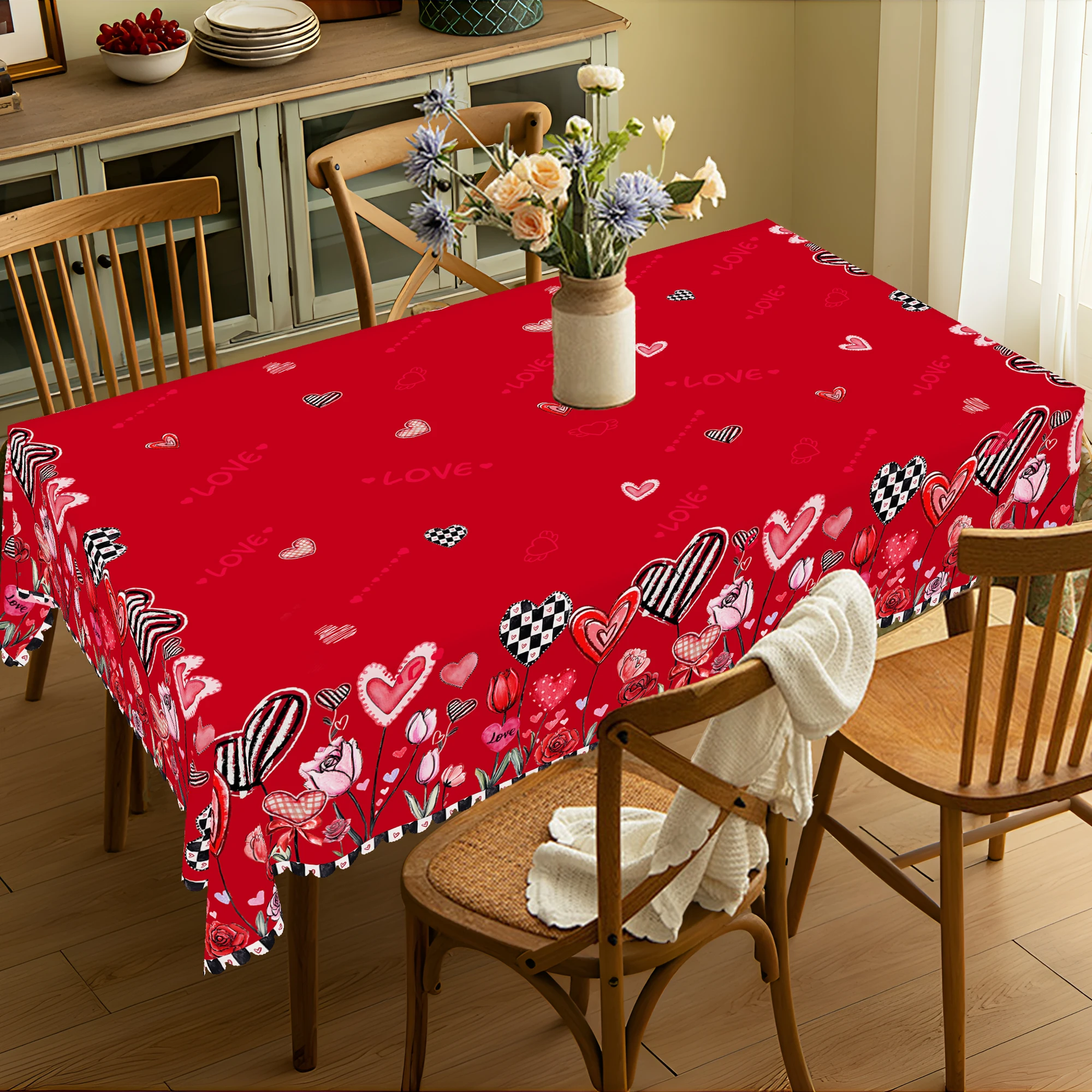 1 Piece Valentine\'s Day Round Tablecloth, 5 Sizes Available, Romantic Heart-Shaped Printed Square Tablecloth, Edge Embossing Process, Wedding Garden