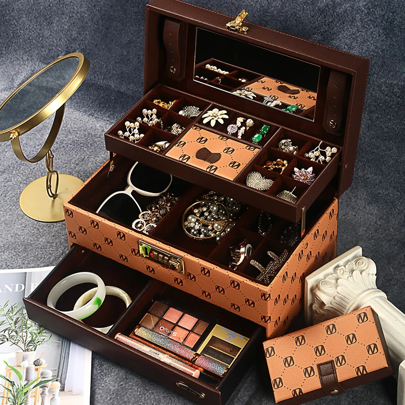 Mirrored 3-Layer Jewerly Box Exquisite Combination Lock Jewelry Organizer PU Portable Jewelry Storage Display for Earring Ring