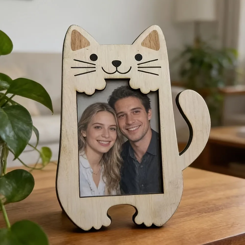 Cute Animal Shaped Wooden Photo Frame Cat Bear Design Desktop Picture Frame Home Photo Display Ornament Housewarming Birthday