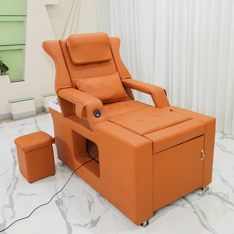 

Orange PU Leather Electric Shampoo Cahir With Foot Basin Massage Bed Lay Down Washing Salon Shampoo Bed Furniture