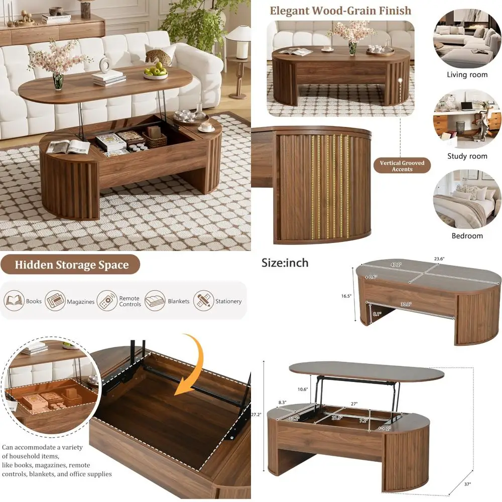 

Овальный журнальный столик Merax 47,2 дюйма с подъемным верхом и скрытым отделением для хранения, современный деревянный центральный стол с овальной подъемной столешницей для