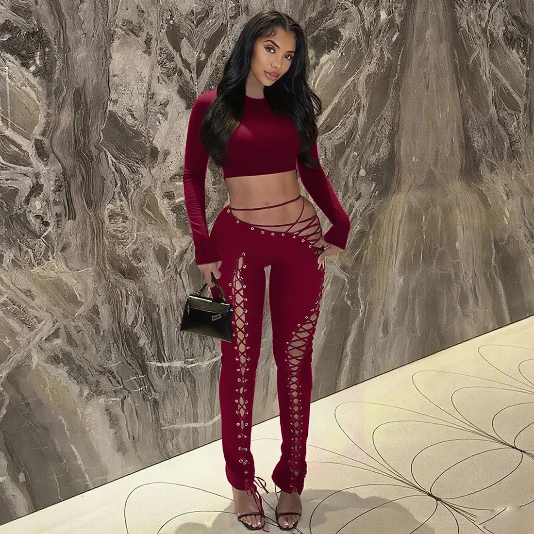 Hijab Outfit Prayer Clothes Two Piece Set Solid Color High Waist Slim Fit Trousers Autumn Winter Black Long Pants with Cropped