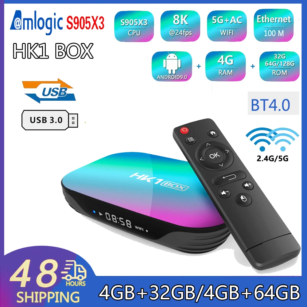 

HK1 BOX Smart Android TV Box Amlogic S905X3 Android9.0 2.4G&5G Dual WiFi BT4.0 Ethernet 100M Smart Media Player Set Top Box