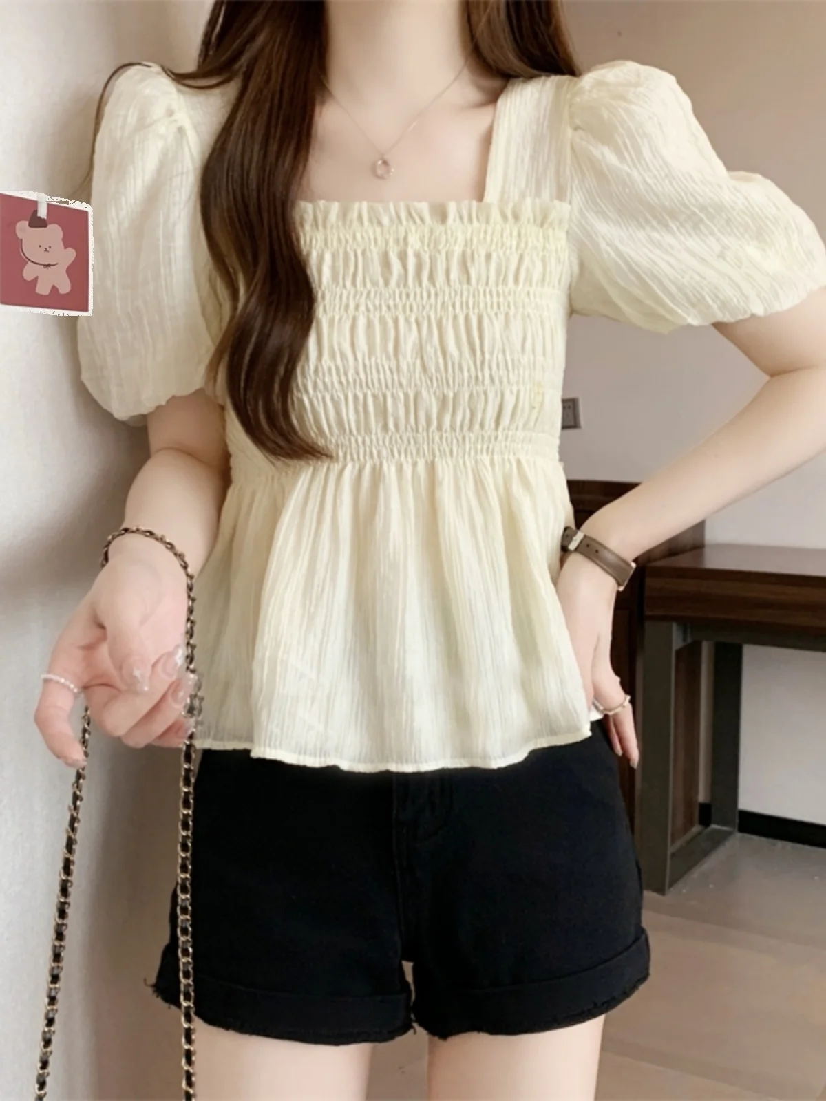 

French Style Loose Fit Short Sleeve Square Collar Chiffon Shirt Women's Summer New Design Sensation Belly Covering Top