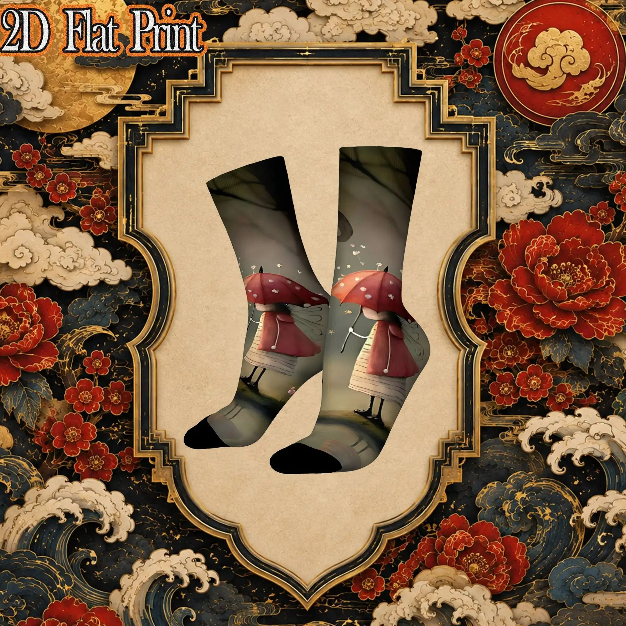 Fashion Retro Girl Red Umbrella Moon Print Crazy Men's  Crew Sock Unisex  Funny  compression Socks