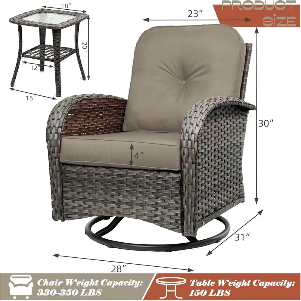 2-Piece Swivel Wicker Patio Chair Set with 360° Rotation and Glass Top Table, Khaki