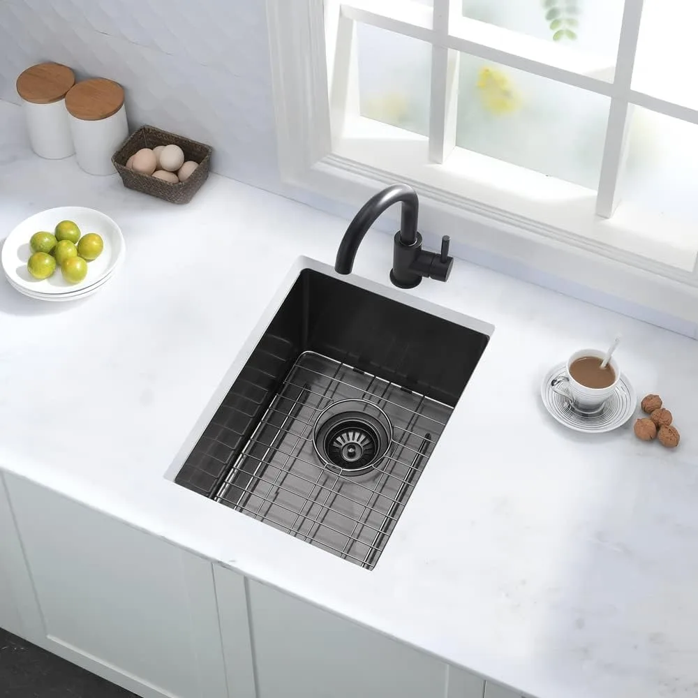 Fregadero de barra bajo montaje de acero inoxidable, 12x16 pulgadas, calibre 16, acabado negro, fregadero de preparación de barra de cocina con lavabo pequeño para