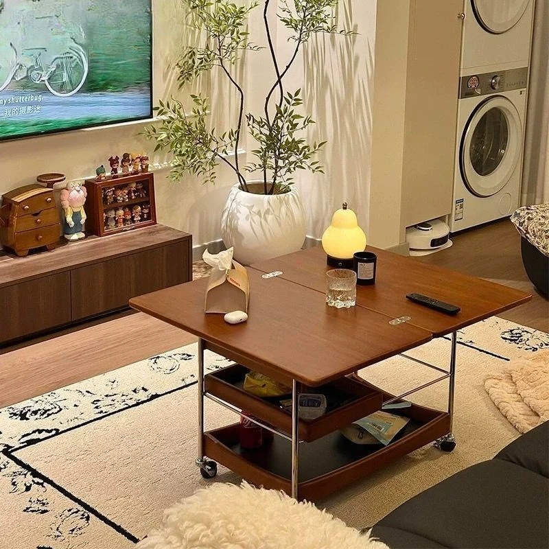 Household small apartment living room trolley sofa storage tea table boxwood mobile coffee table folding and rotating