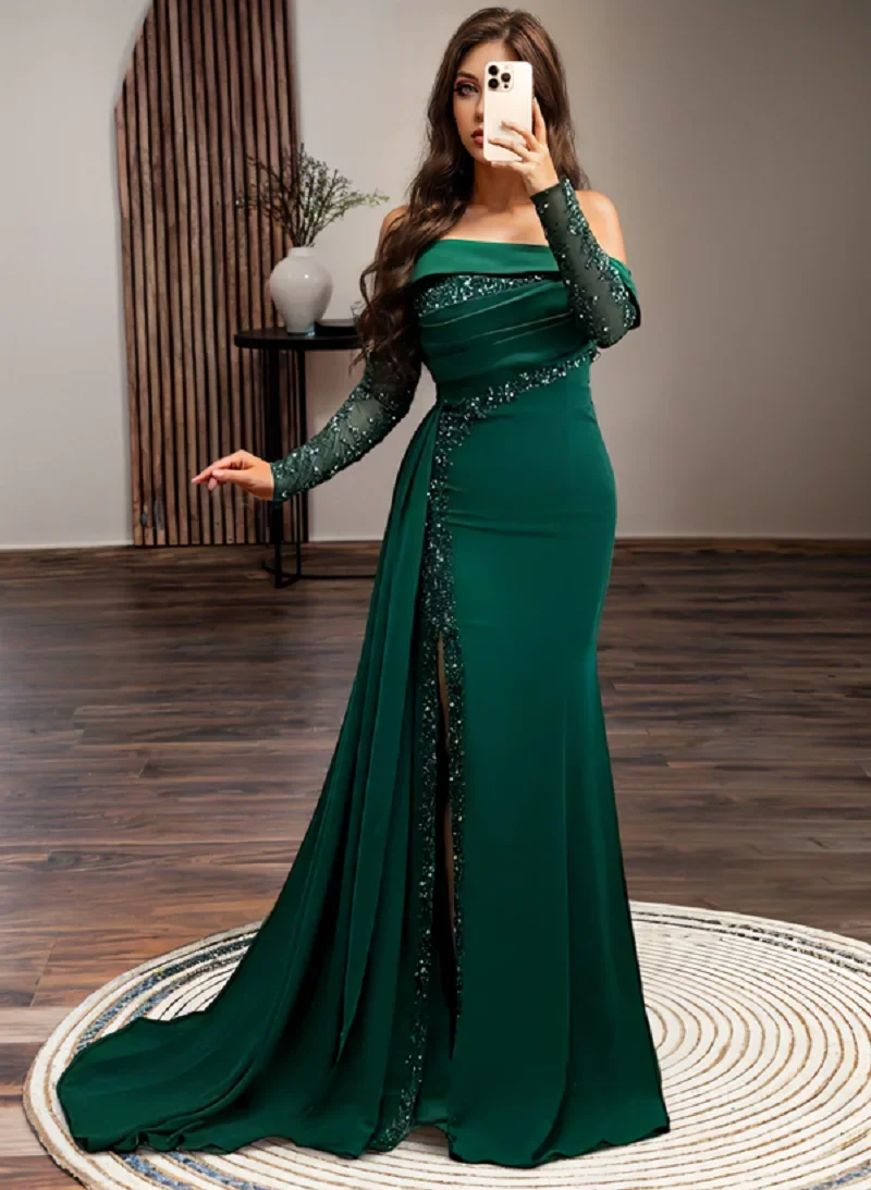 Robe de bal sirène en Satin vert, personnalisée, élégante, manches à paillettes, fente latérale, longueur au sol, bal formel