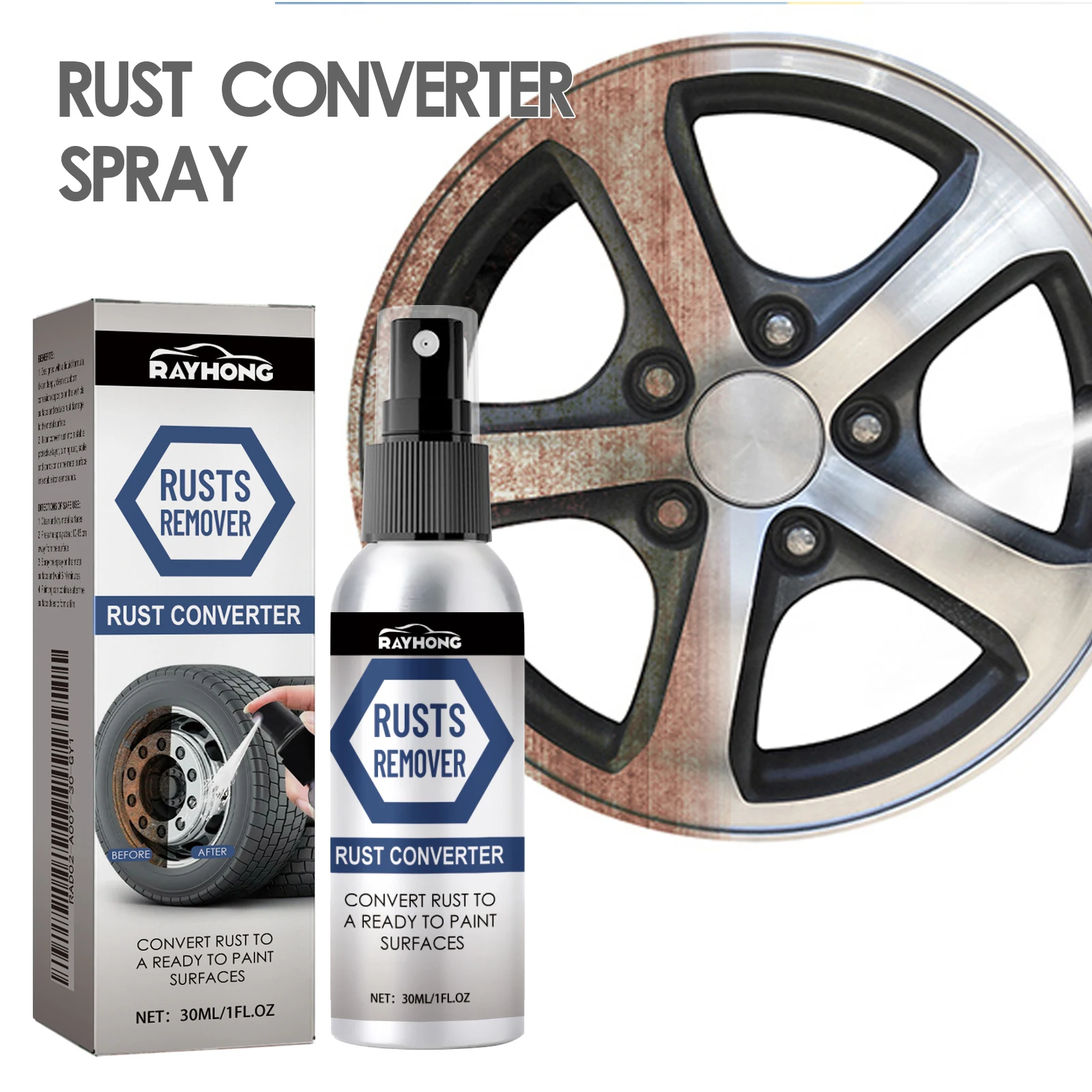 Rayhong 30ml Multi-Purpose Rust Converter Spray, Car Wheel/Rim/Lock Rust Remover, Metal Protection Lubricant