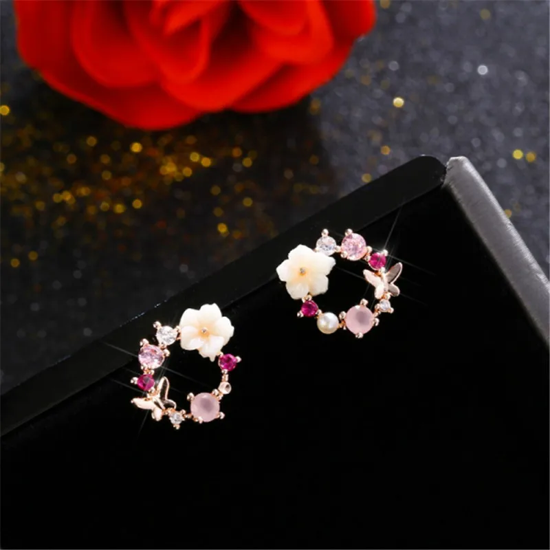 Flower Stud Earring Cute Inlay Color Zircon Flower Butterfly Garland Women Earrings Gifts Korean New Design Fashion Jewelry