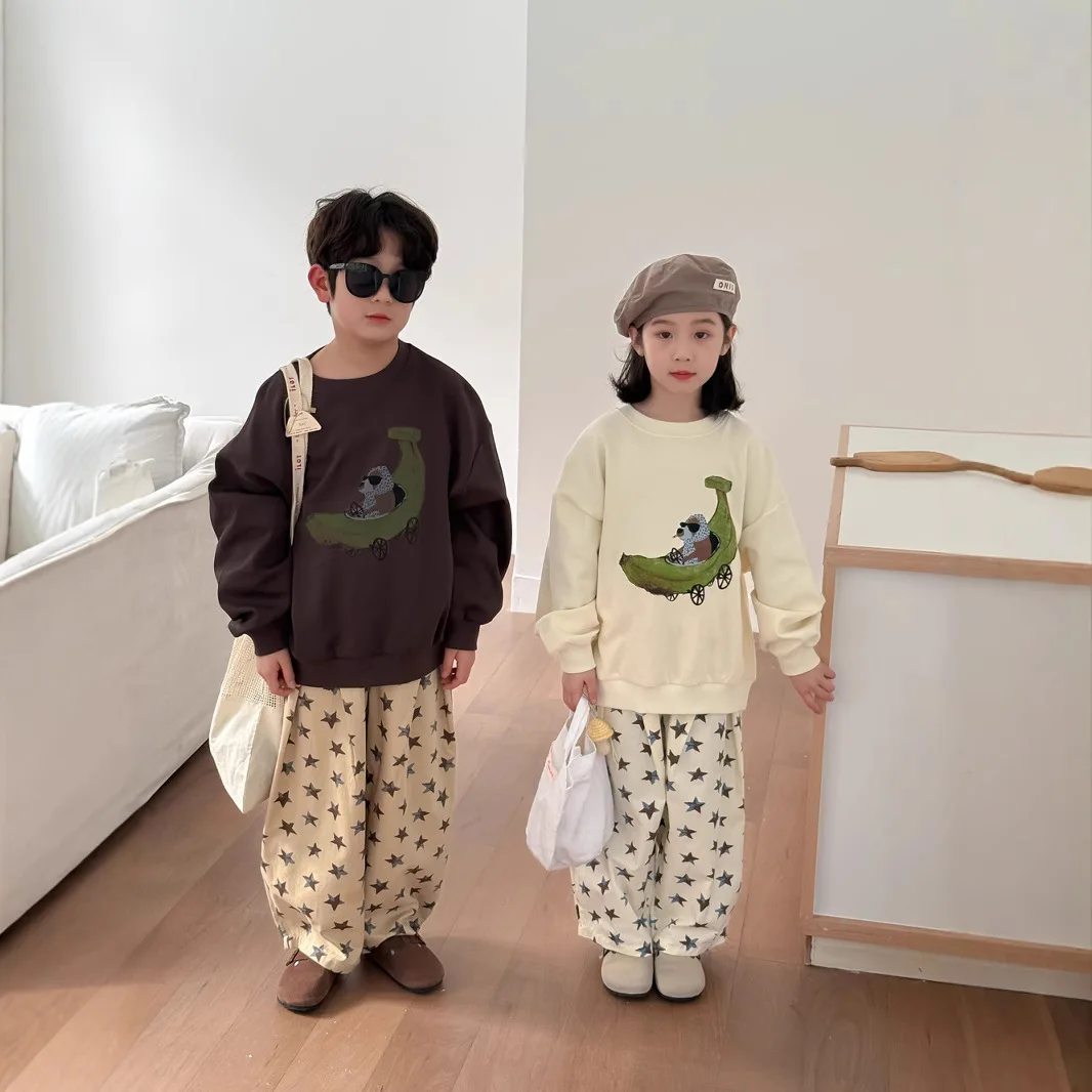 

New Spring Children 2PCS Clothes Set Cotton Banana Pattern Kids Boy Sweatshirt Outfit Star Print Straight Pant Little Girl Suits