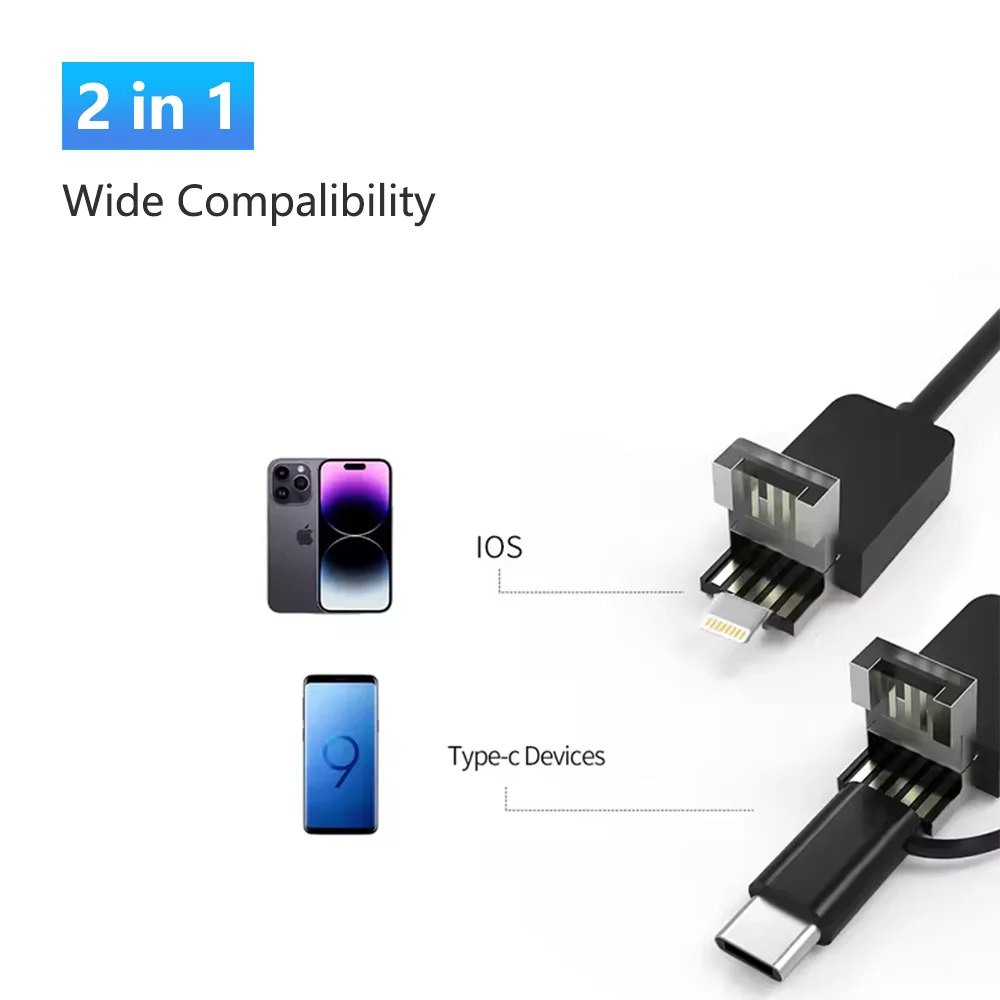 دودوسي 360 °   كاميرا المنظار المفصلية من النوع C في اتجاهين HD 1080P Borescope فحص السيارات المنظار الصناعي لنظام IOS وأندرويد