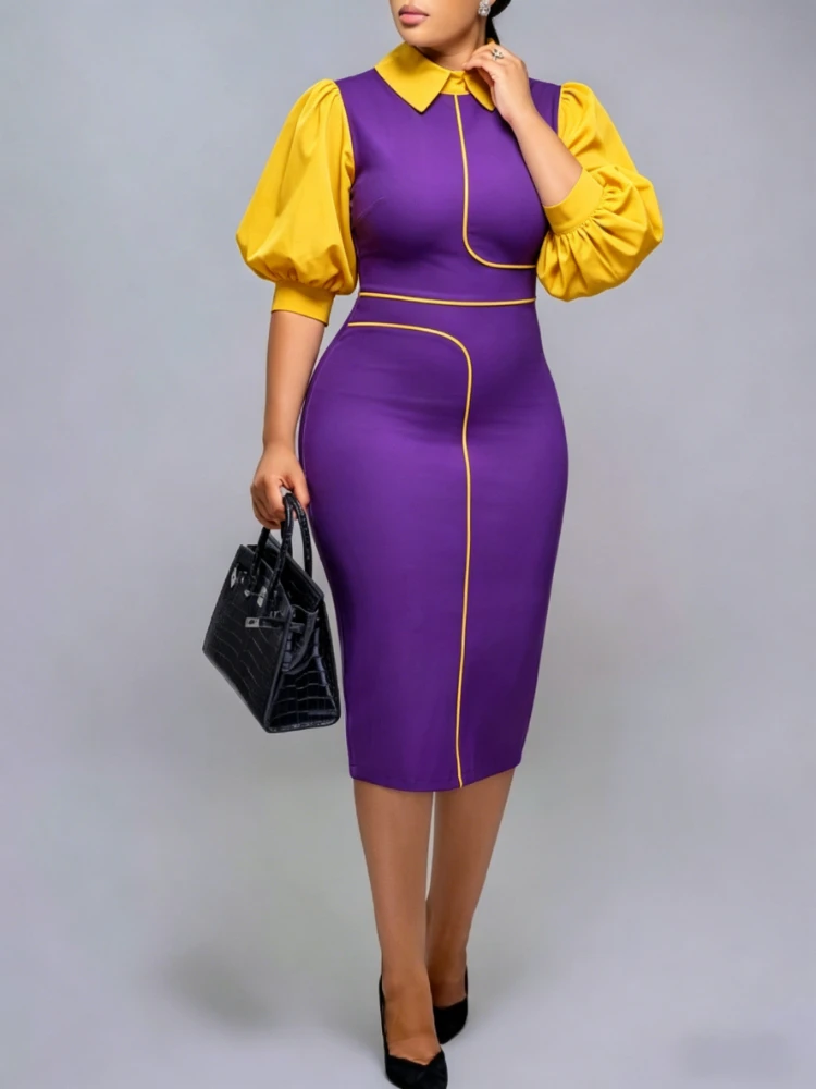 Fashionable New Puff Sleeve Dress, Color-blocking, Bodycon, Waist-cinching, Patchwork, Lady Pencil Skirt Robe Outfits