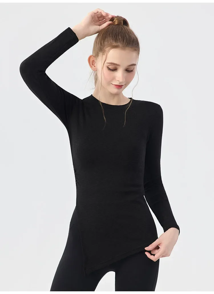 Herbst-Sport-Oberbekleidung, langärmelige Bluse, die das Gesäß bedeckt, für Damen, plissiert, mit Schlitz, lässiges Fitness-T-Shirt, Pilates-Yoga-Bekleidung – Detail 12
