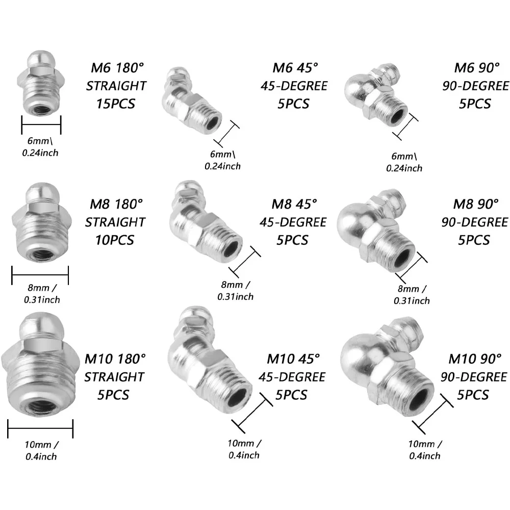 60-115Pc Grease Fittings Kit M6 M8 M10 Straight 45 90 180 Degree Metric Fittings Nipples kit Galvanized Steel Grease Zerk Kit