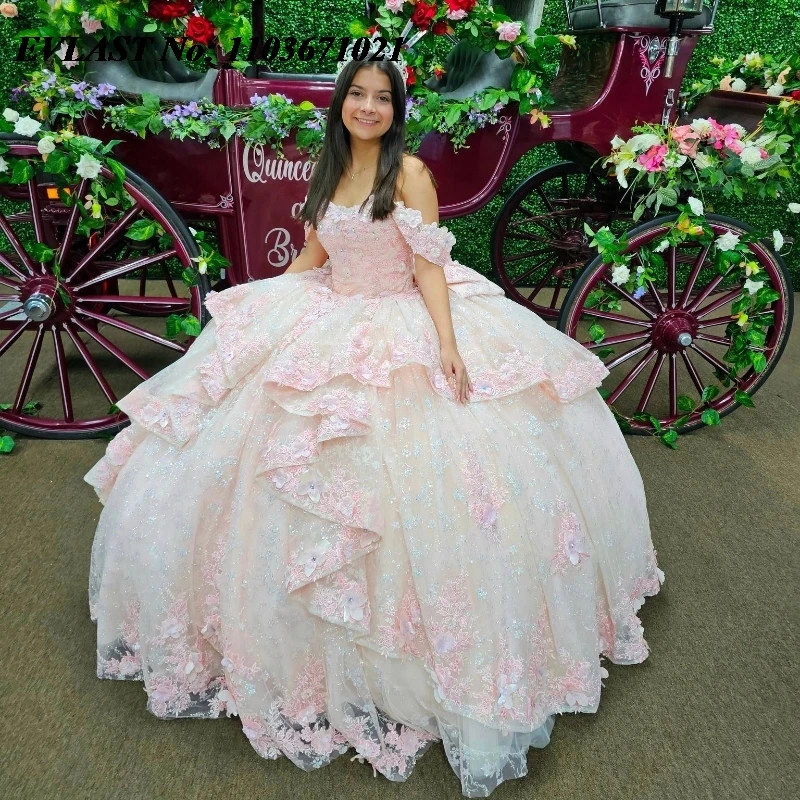 Evlast personalizado rosa quinceanera vestido de baile 3d floral applique frisado em camadas espartilho doce 16 vestidos de 15 anos sq544