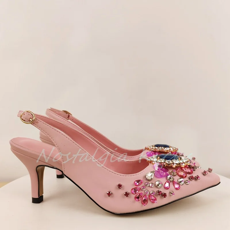 2024, розовые сверкающие сандалии со стразами и острым носком, вечерние модельные туфли на высоком каблуке-шпильке с открытой пяткой, элегантная пикантная женская обувь