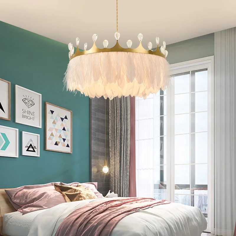 Nordic Bedroom Pendant Lights White Feather Lustre Warm Princess Kids Room Crown Chandelier Lamp Suspension Luminaire Lighting