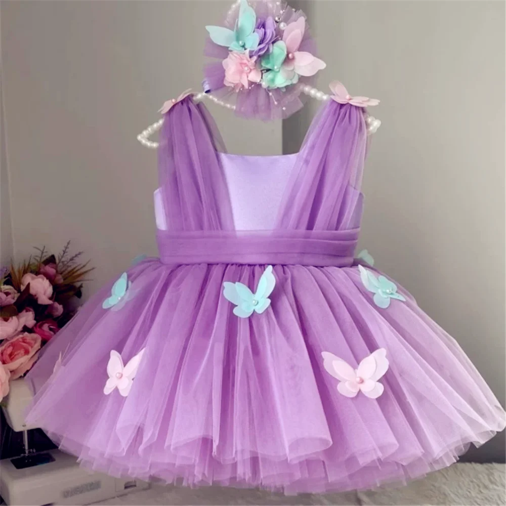 Vestidos De Menina De Flor Roxa Com Arco, Tule Roxo, Borboleta Colorida, Festa De Casamento, Presente De Aniversário, Vestidos De Primeira Comunhão Sagrada