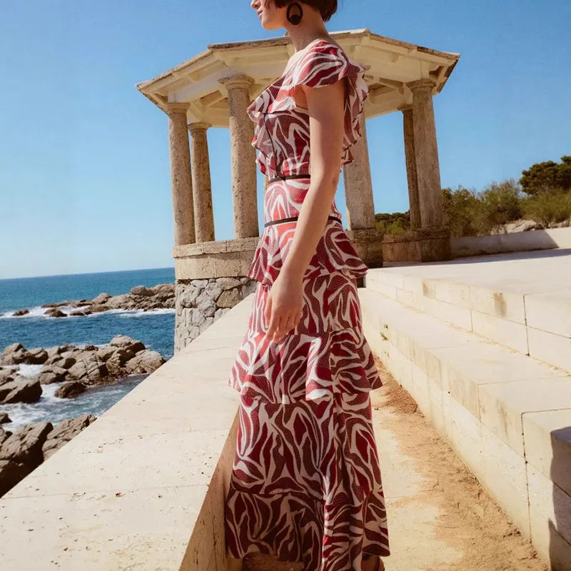 New Summer Square Neck Short Sleeve Beach Dress Woman Elegant Pattern Print Ruffles Long Dress Sexy A Line Backless Boho Dresses