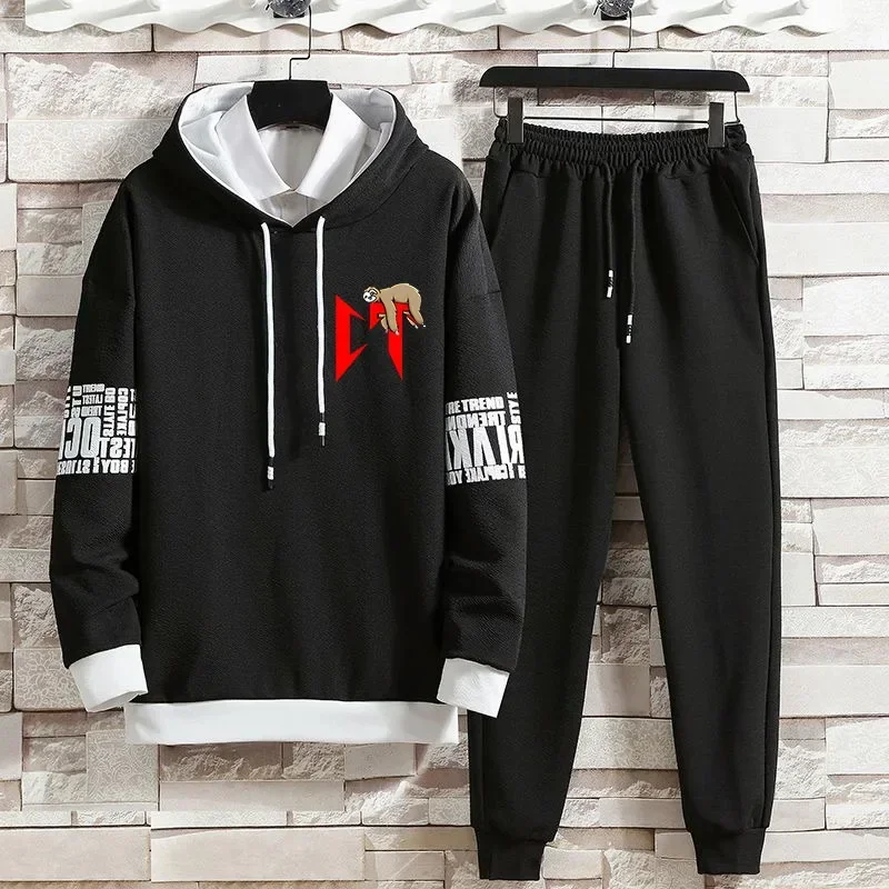 Casual suit men\'s autumn new loose plus size trendy hoodie and sweatpants sports casual two-piece set