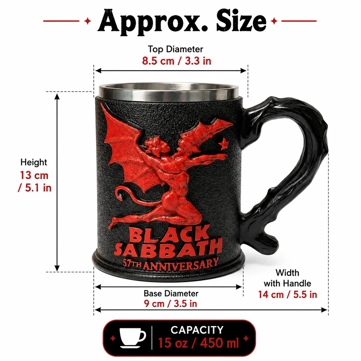 57th Anniversary Black Sabbath Tankard Mug, Heavy Metal Demon Design Resin Beer Cup, Stainless Steel Lined Stein for Coffee Tea