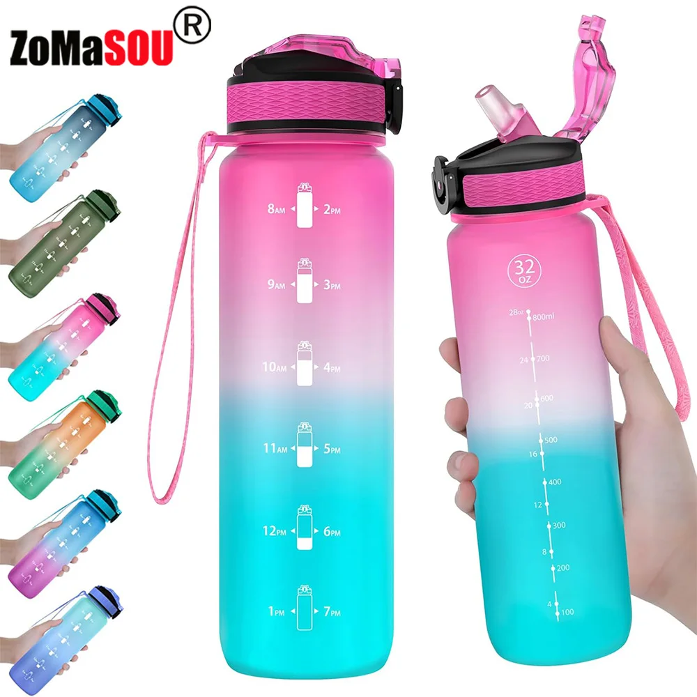 1L Gradient Color Motivational Sports Water Bottle with Time Marker Water Bottle with Straw for Office Exercise Gym Outdoor