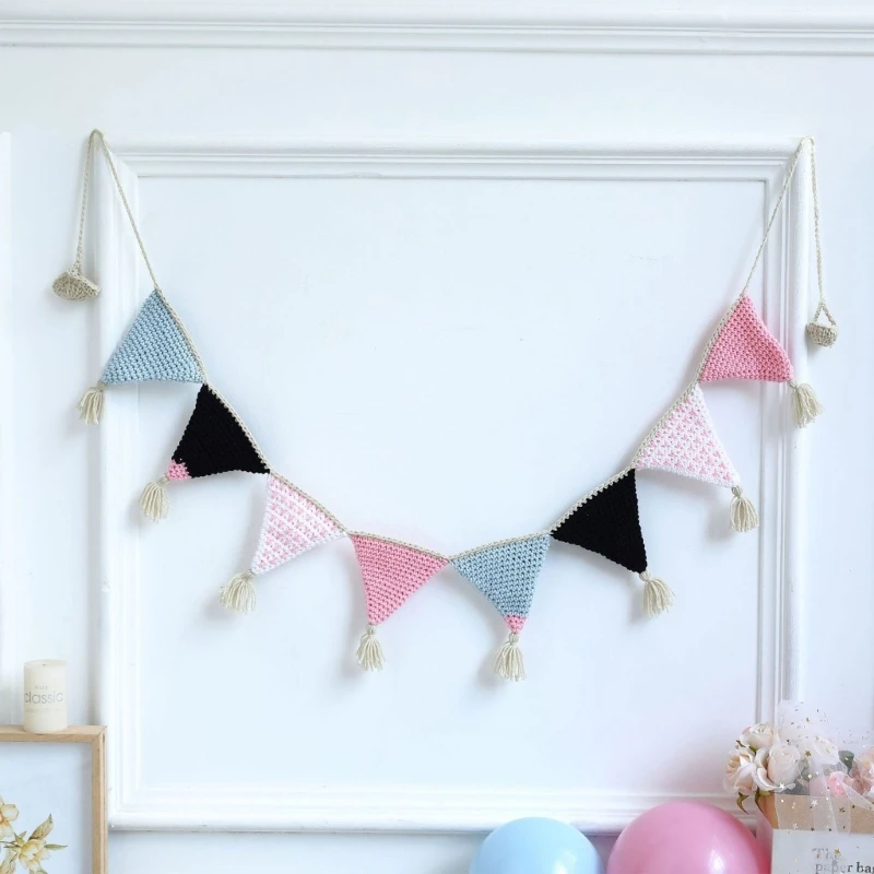 Nordic Crochet Bunting Banner Colorful Knitted Triangle Flags Baby Room Garland Flag Newborn Photography Props Backdrop Banners