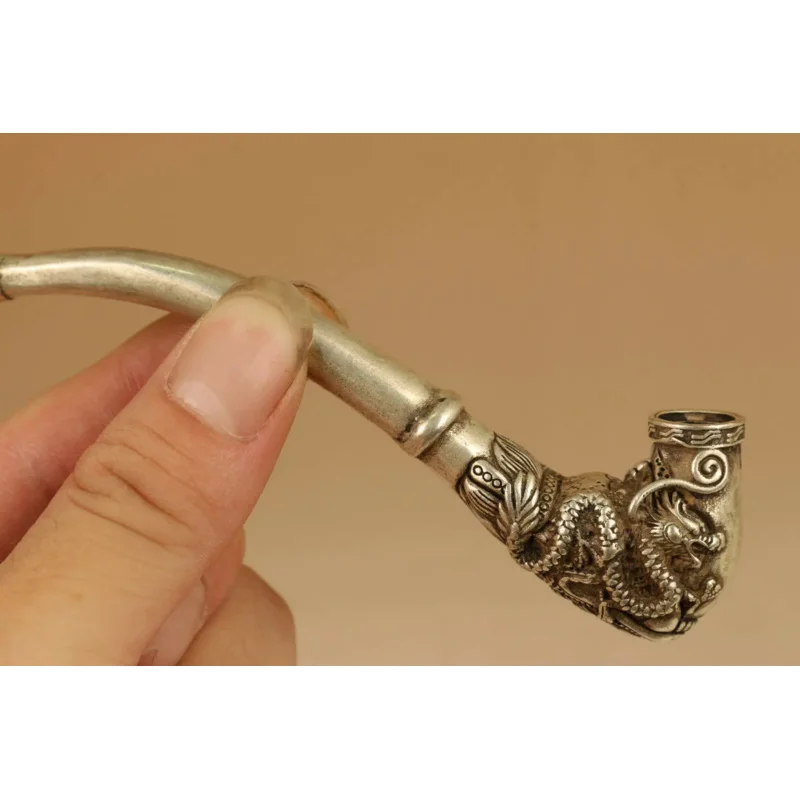 

Rare Tibet Silver copper Smoking Tool Statue Old Sacred Opening Dragon Head pipe