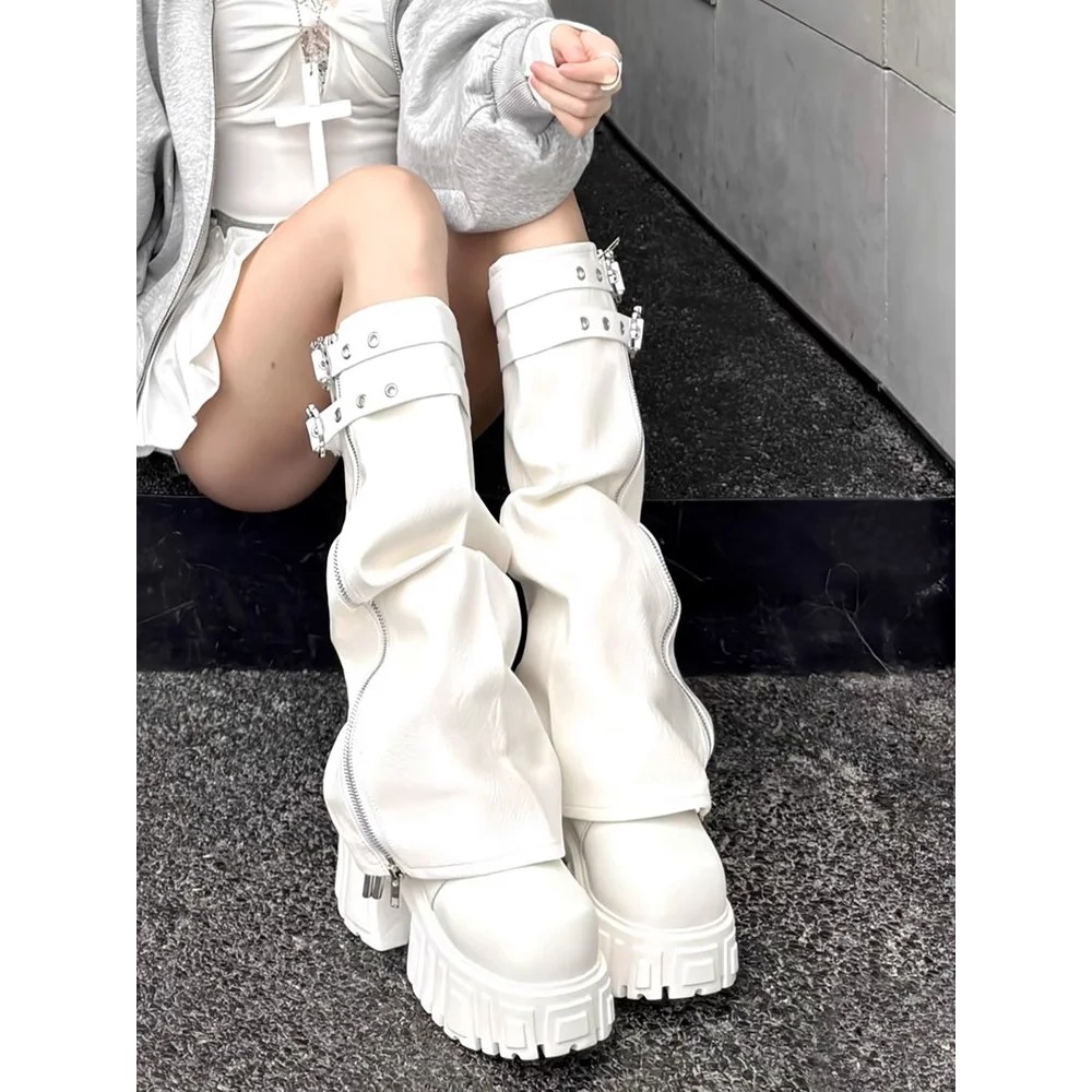 Weiße Abnehmbare Plateau-Kampfstiefel für Damen, Punk-Style Slouchy Kniehohe Schuhe, Bequemes Schuhwerk für Street Style – Detail 2