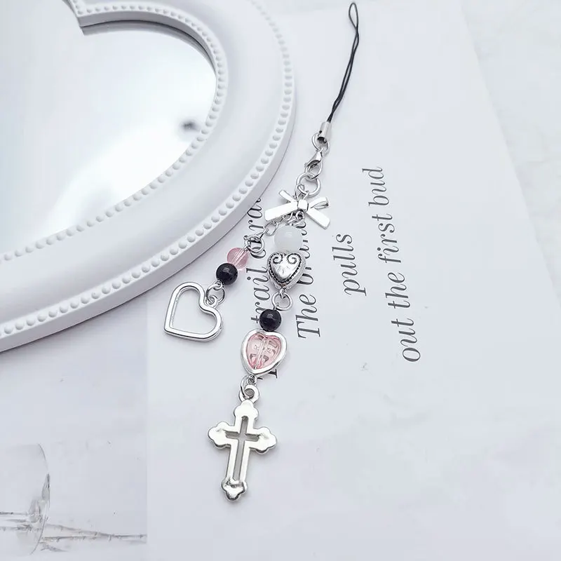 Phone Charm Strap Fashion Keychain Cute Pendant Jewelry Keyring Lanyard String Cross Love Heart Beaded Chain For Women Girl