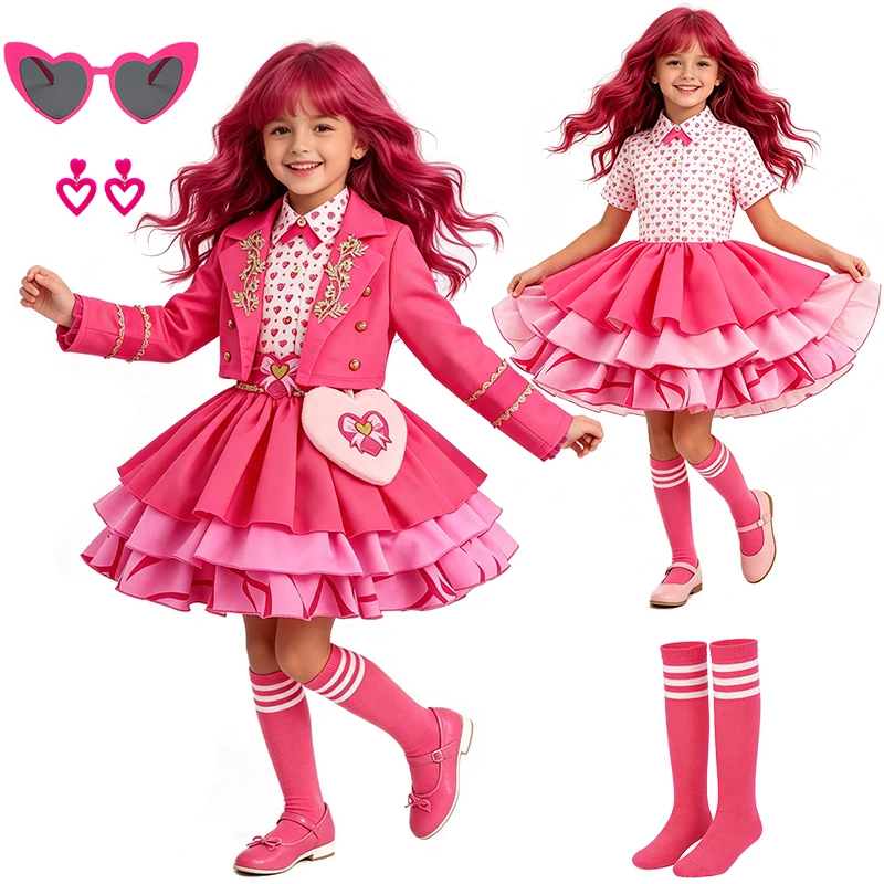 Kids Tiered Ruffle Tutu Bridget Pink Princess Dress for Girls Halloween Cosplay Descendants Masquerade Party Children's Costume