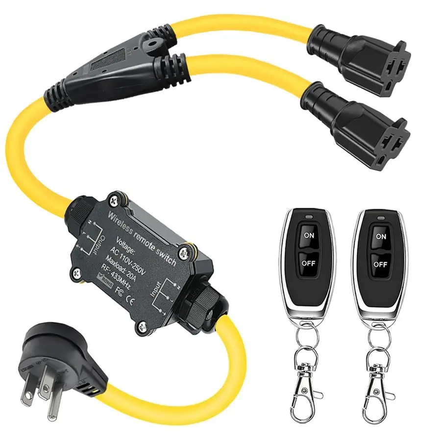 

Outdoor Wireless Remote Control Power Switch, AC110V 120V 250V 20A Heavy Duty Weatherproof Smart Outlet Plug with 2Way YSplitter