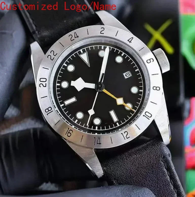 ساعة ميكانيكية أوتوماتيكية للرجال بتوقيت جرينتش مضيئة من الفولاذ المقاوم للصدأ باللون الأسود والأبيض ساعات من الجلد والسيراميك والياقوت حسب الطلب