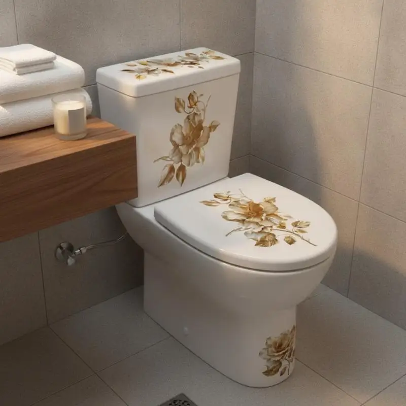 Gold Floral Toilet Sticker Waterproof Self Adhesive Eco-friendly PVC Wall Decal for Home Bathroom Renovation