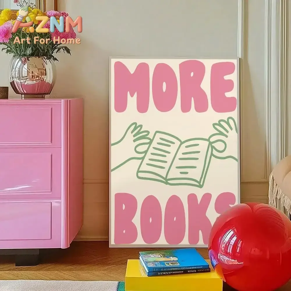 AZNM More Books Book Club Quote Canvas Wall Art, Retro Text Book Reading Print Poster, Unframed Canvas Painting for Library Stud