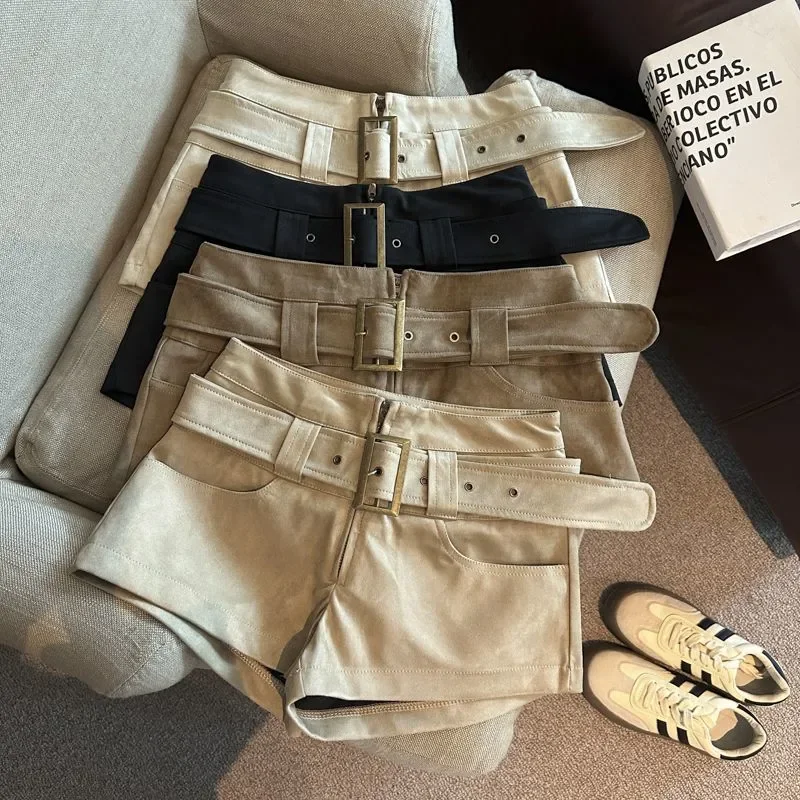 Buckskin Shorts for Women Autumn and Winter High-waisted A-line Casual Wide-leg Pants with Belt Suit Hot Pants