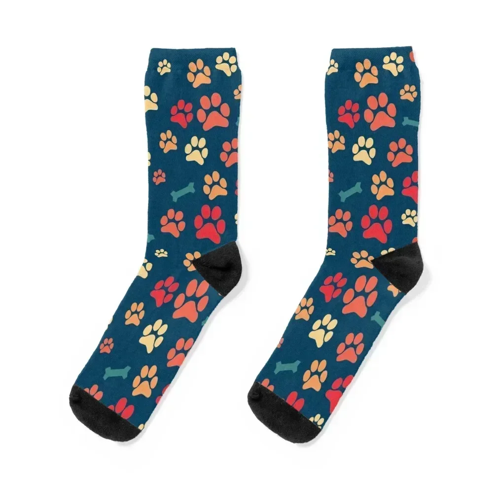 

Dog Paw Prints and Bones Warm Colors Pattern Socks set funny gift custom sports soccer anti-slip Boy Socks Women's
