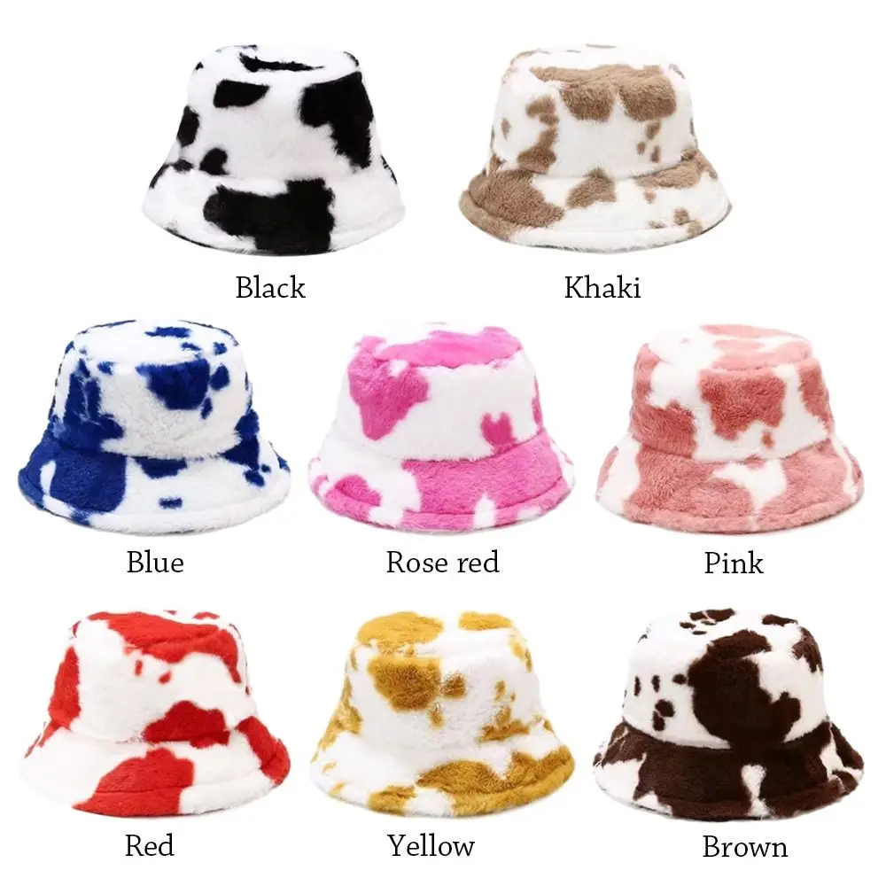 Winter Bucket Hat Women\'s Fashion Milk Cow Grain Panama Warm Hats Female Vintage Faux Fur Fisherman Cap Hats For Women Casual