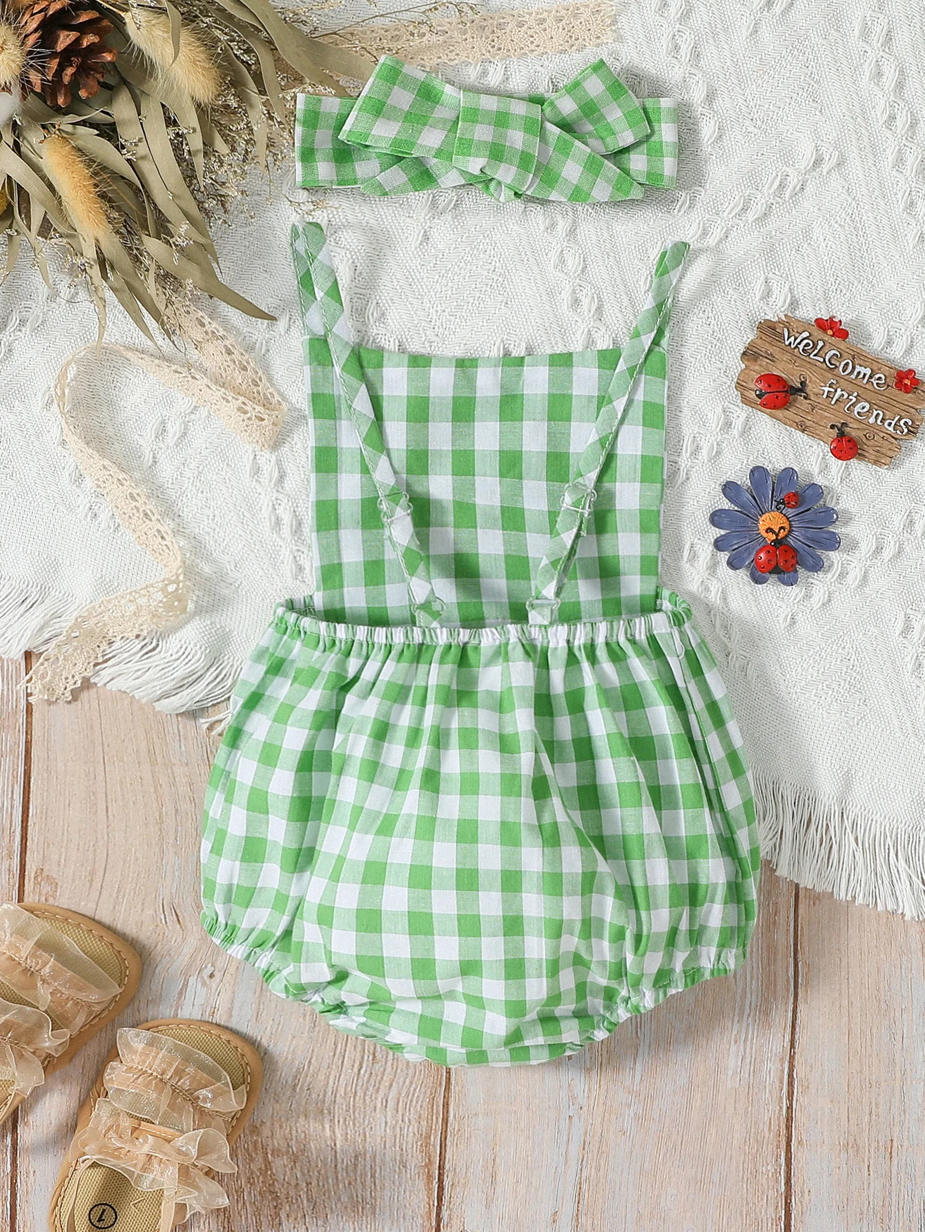 Bodysuit Summer Baby\'s Girl Green Sleeveless Plaid Streetwear Cute Jumpsuit With Button