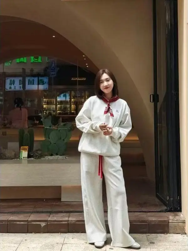 

Korean Lazy Style Casual Sportswear Set Women's Spring Autumn Loose Slim round Neck Sweatshirt Running Two Piece Set