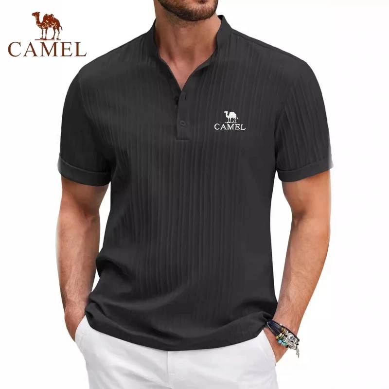 High End Embroidered CAMEL Cotton and Linen Striped Henry Polo Shirt, New Summer Men\'s Retro Fashion Casual Short Sleeved Top