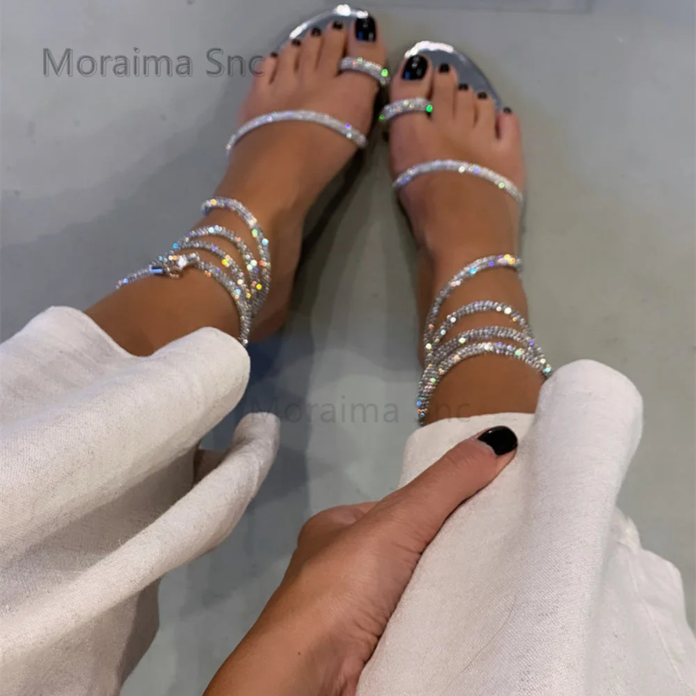 Rhinestone Strap Sandals for Women Split Toe Summer Flats Sandals Lady Shoes Luxury Fashion Concise Daily Office Shoes Female