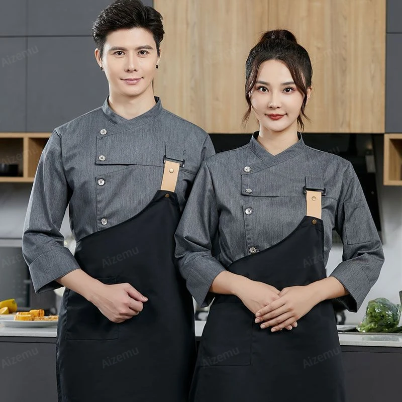 Men Chef Uniform Restaurant black Chef Coat Logo short Sleeve Chef Jacket Apron for Summer Hotel Kitchen Sushi Cooking Clothes